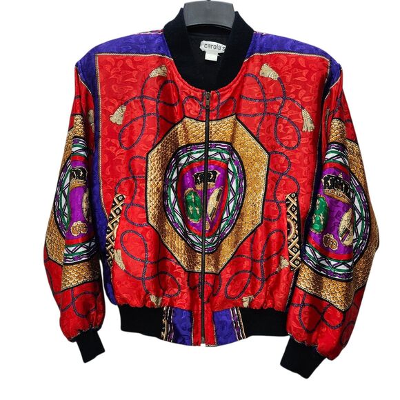 Vintage Carolas Silky Bomber Jacket Womens XL Shoulder Pads 90s Retro Old Money